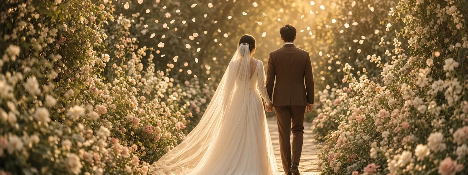 Una pareja de novios camina de espaldas por un sendero de flores